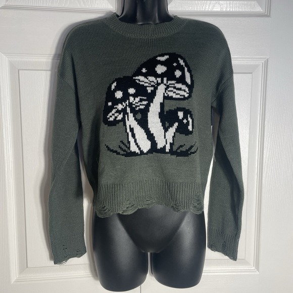 No Boundaries Tops - No Boundaries Distressed Cropped Sweater Women S Green Mushroom Graphic Grunge